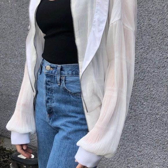 🤍 SUPERFINE Sheer White Ruffled Bomber Jacket - Picture 5 of 14